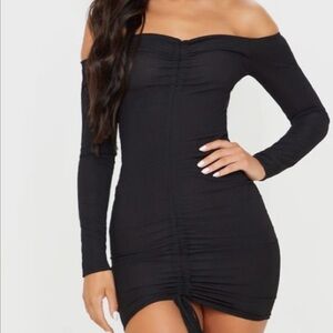 ✨3/$20✨Prettylittlething Black Ribbed Long Sleeve Bardot Ruched Bodycon Dress 10